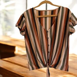 American Eagle Earth Tone Striped Boho Button-Down Shirt Sz L